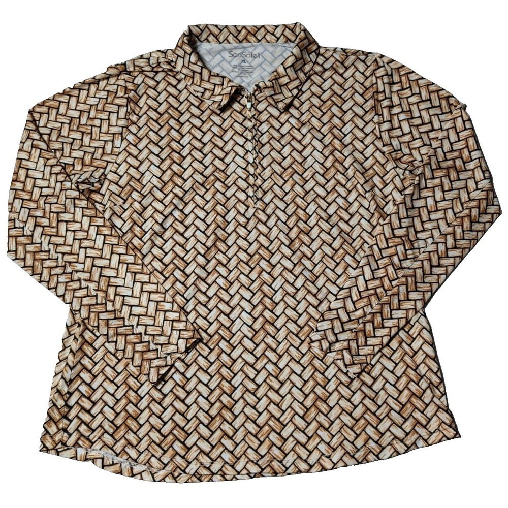 SAN SOLEIL Women Size XL Tan Basket Weave 1/4 Zip Long Sleeve Sun Top